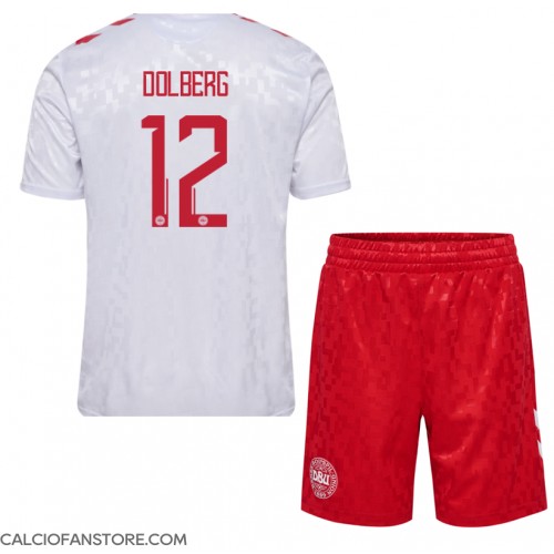 Maglia Calcio Danimarca Kasper Dolberg #12 Seconda Divisa Bambino Europei 2024 Manica Corta (+ pantaloncini)